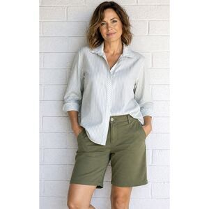 Chico's 2 L 12 14 Green White Striped Button Front 3/4 Sleeves Cotton Top
